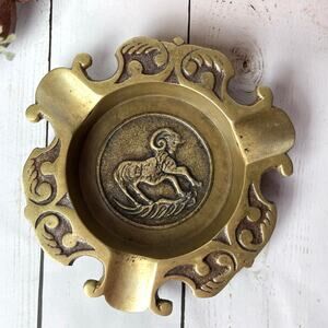 Vintage Mid Century Modern Brass Zodiac Ashtray Aries Ram Embossed Patina Ornate